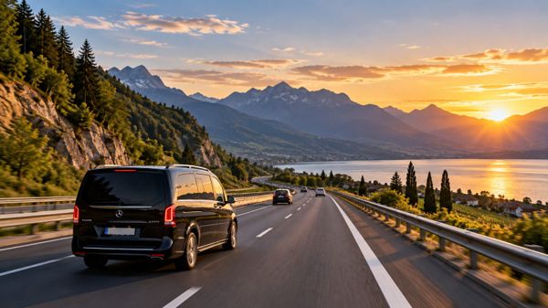 Van Mercedes avec chauffeur sur une autoroute alpine au bord d’un lac, au coucher du soleil